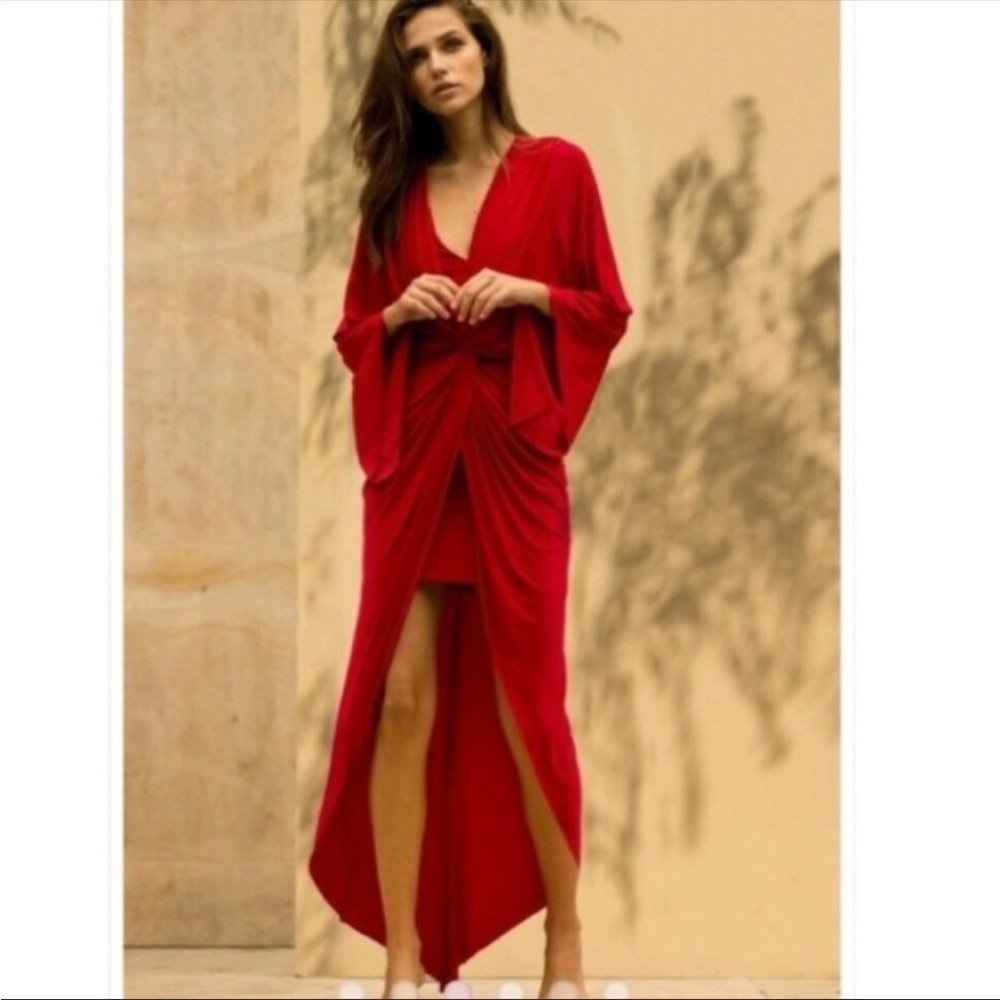 Misa Teget High Low Hem Ruched Twist Front Long Flare Sleeve V-Neck Dress Red S - Picture 2 of 11